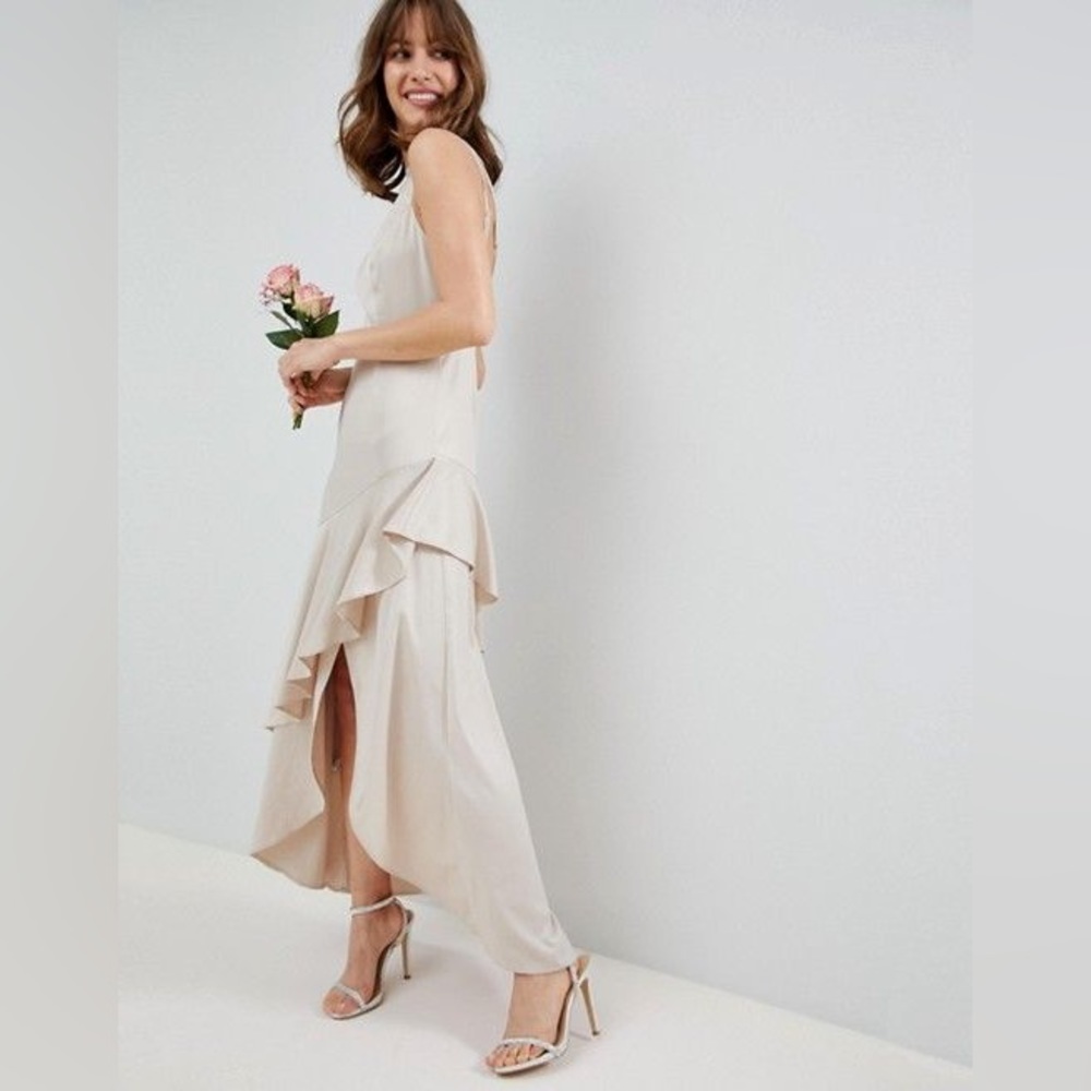 ASOS champagne ruffle satin dress bridesmaid